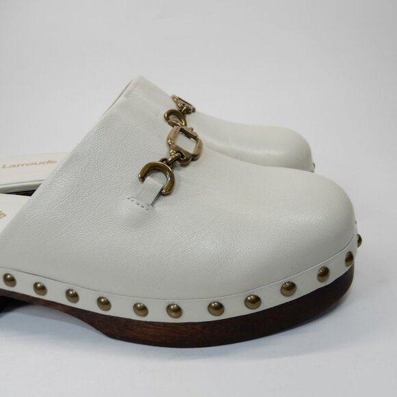Larroude Zuzi Bit Mule Clogs Slip on Size 7 Ivory Cream Leather Wooden Studs NEW - Picture 7 of 16